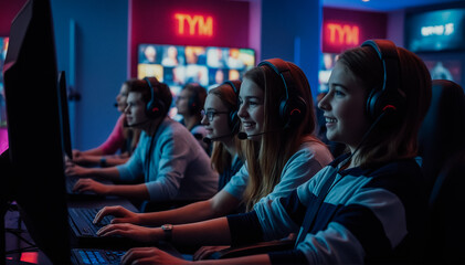 Fototapeta premium Teenagers play team computer games, participate in the cyber game championship and experience positive emotions. Joy and smiles on their faces.