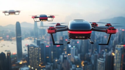 AI-powered personal drones delivering groceries: Futuristic drones delivering groceries directly to homes, navigating city skies autonomously.