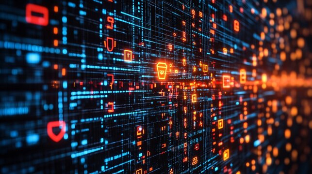 Cyber matrix with floating encrypted codes locks and shield icons representing cybersecurity and data protection futuristic tech background Large space for text in center Stock photo with copy space