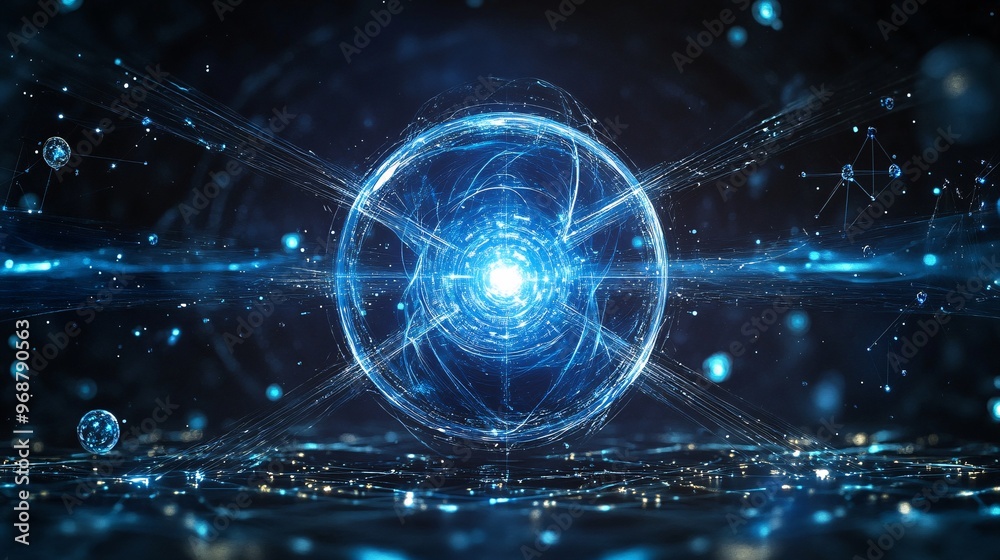 Poster Quantum computing visual with glowing qubits and particle waves in a complex futuristic pattern symbolizing advanced technology Large space for text in center Stock photo with copy space
