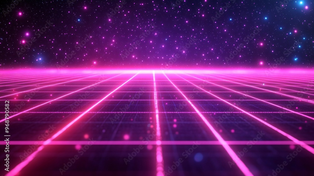 Aufkleber Abstract digital grid with glowing lines and neon particles representing data flow and high-tech connectivity futuristic design Large space for text in center Stock photo with copy space
