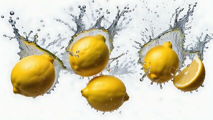 Lemons Splashing into Water with Water Droplets