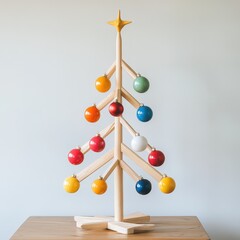 Sapin en bois minimaliste avec boules colorées et étoile en haut