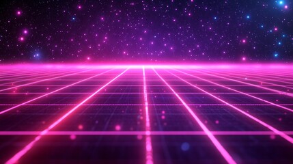 Abstract digital grid with glowing lines and neon particles representing data flow and high-tech connectivity futuristic design Large space for text in center Stock photo with copy space