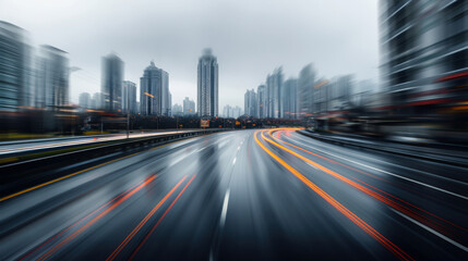 A blurry image of a city street with cars and buildings in the background. The image has a sense of motion and energy, as if it were captured in a fast-moving moment