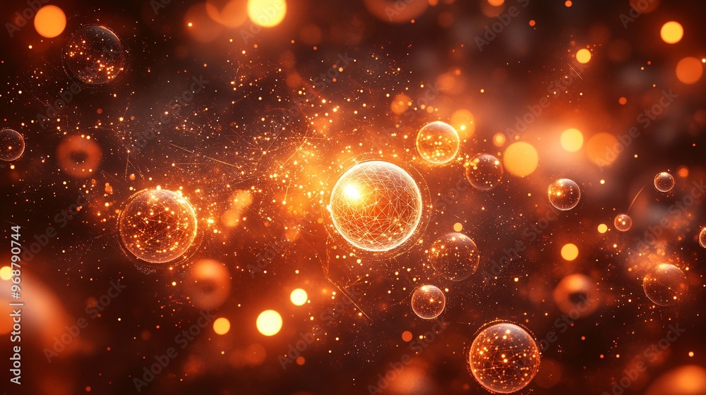 Poster Quantum computing visual with glowing qubits and particle waves in a complex futuristic pattern symbolizing advanced technology Large space for text in center Stock photo with copy space