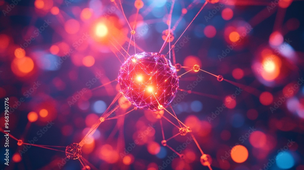 Aufkleber Neural network of glowing nodes interconnected with vibrant lines forming an abstract AI web futuristic tech concept Large space for text in center Stock photo with copy space