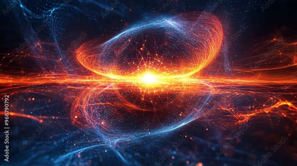 Poster Quantum computing visual with glowing qubits and particle waves in a complex futuristic pattern symbolizing advanced technology Large space for text in center Stock photo with copy space