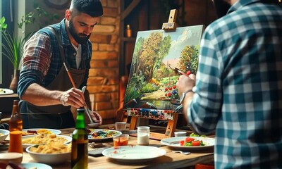 Friends hosting a painting party for National Pasta Day, October 17th, enjoying pasta dishes and creating art, hyperrealistic . Video - Powered by Adobe