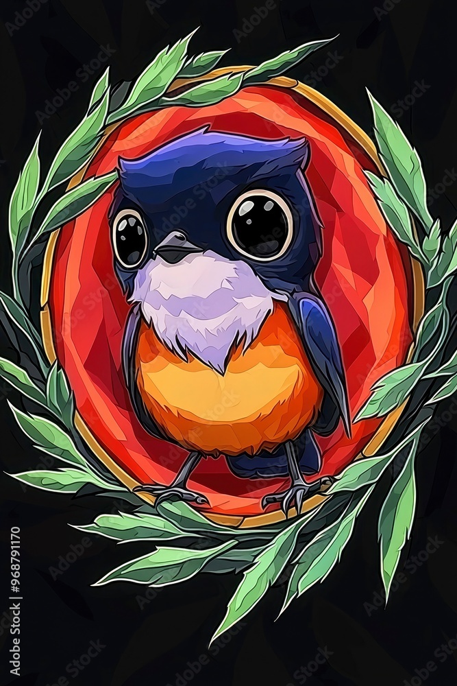 Sticker cute cartoon bird with big eyes in a circular frame