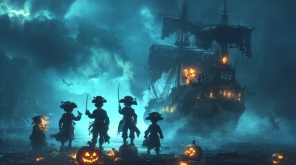 Fototapeta premium Five Children in Pirate Costumes Stand Before a Burning Ship on a Foggy Night