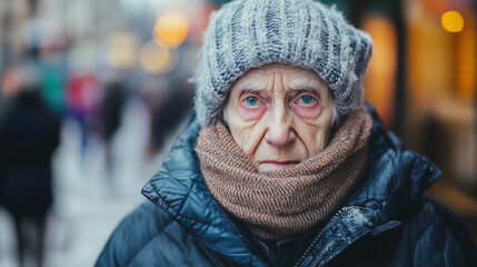 A pale, frail and elderly British or European person is unhappy, dressed in warm clothes to combat freezing temperatures. Landscape format 16:9 with copy space.