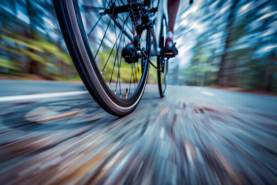 Close-Up of a Bicycle Wheel with Blurred Pavement &ndash; Capturing the Sense of Speed and Motion, Perfect for Cyclists and Sports Enthusiasts Seeking the Thrill of Movement