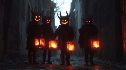 Four Silhouettes of Demonic Figures Carrying Lanterns in a Dark Alleyway