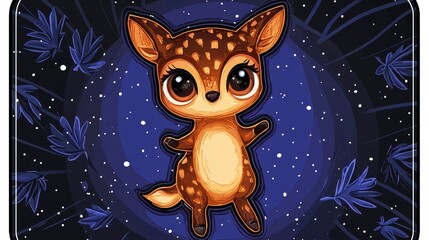 Fototapeta premium Cute Cartoon Deer with Big Eyes in a Night Sky