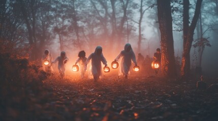 Fototapeta premium Children in Ghost Costumes Carrying Jack-O-Lanterns in a Foggy Forest