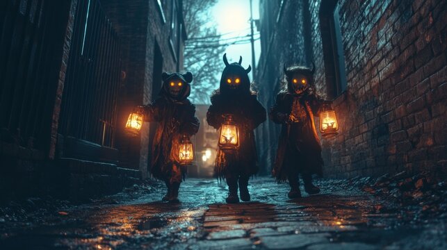 Three children in devil masks walking down a dark alleyway with lanterns