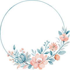 Fototapeta premium Round golden frame with blue watercolor flowers and leaves, template, vector illustration.