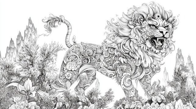 Singha a lion symbol in a mythical forest illustrated in hand drawn Thai line art style showcasing intricate details and cultural elements