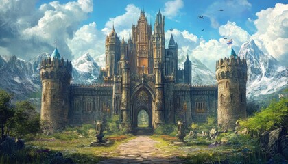 Obraz premium Fantasy illustration of a majestic fortress and castle entrance