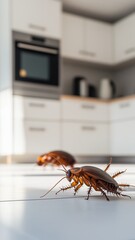 Huge cockroaches in a modern white kitchen, representing the concept of disinfection, pest control, and cleaning to eliminate insects and parasites.