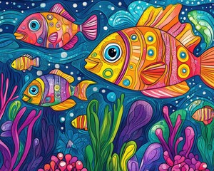 Fototapeta premium Vibrant underwater scene featuring large fish and outlined illustrations in a playful coloring style