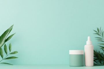 Minimalist image of skincare products on a pastel green background with leaves