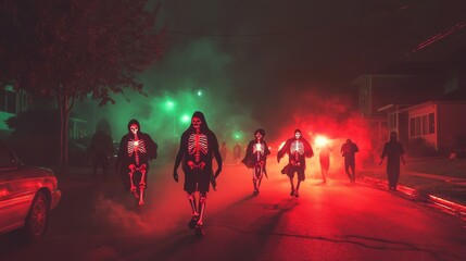 Fototapeta premium Skeleton-Costumed Figures Walking Through Fog and Red Light