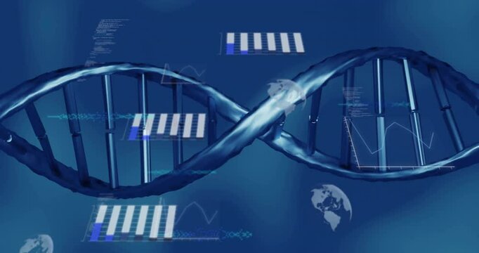 Animation of scientific data processing over dna strand spinning