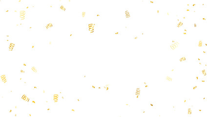 Golden Tiny Confetti And Streamer Ribbon Falling On White Background. Vector Illustration. Congratulations Wallpaper. Happy Birthday Banner. Copy Space