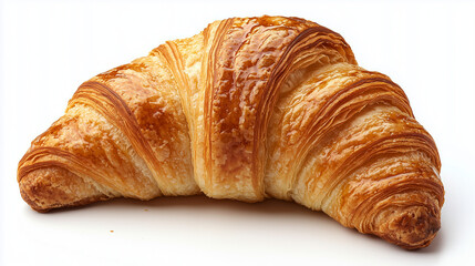 Freshly baked croissant isolated on a white background, showcasing its flaky layers and golden-brown crust