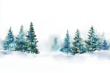 Fototapeta premium Pine trees in the snow, Winter Landscape, Christmas, Watercolor painting.