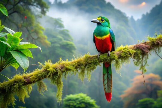 A majestic tocororo bird spreads its vibrant plumage, perched upon a tree branch, surrounded by lush green foliage and a misty morning atmosphere.