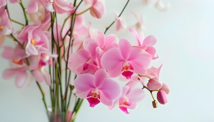 Elegant arrangement of pink orchids in a vase on a table with delicate petals set against a pristine white background