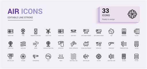 Air icon collection. Related to ventilation, air conditioner, fan, wind, blow. Line icon for web and ui. Vector illustration with icon names.