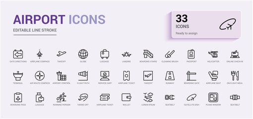 Airport icons collection. Boarding pass, traveler. Outline icon collection, line icon for web and ui. Vector illustration. Icon names are written in English.