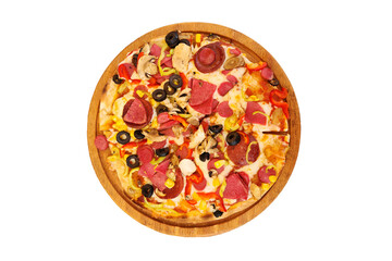Mixed pizza prepared with meat sausage, salami, cheese, black olives, chopped onions, red capia peppers and tomatoes