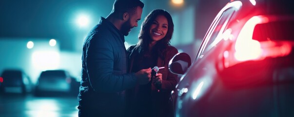 Naklejka premium Joyful couple receiving the keys to their new car at night, celebrating a successful purchase with smiles and excitement