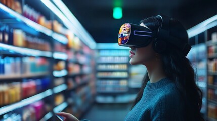 AI-driven personalized shopping recommendations in virtual reality stores: A customer browsing a VR store where AI offers tailored product recommendations in real-time.
