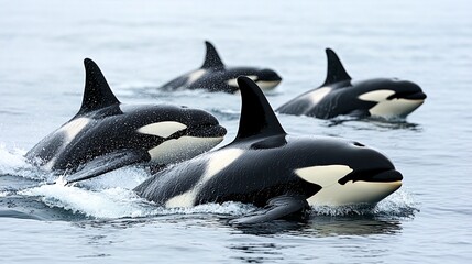 Obraz premium A pod of four orcas, or killer whales, swim together in the ocean. They are black and white with white patches on their eyes.