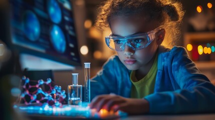 Child engaging in a STEM online lesson, playful interactive science and technology tools, colorful educational platform.