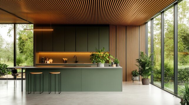 Modern green kitchen opening onto nature with minimalist design