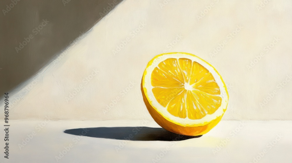 Poster A Single Lemon Slice with a Shadow on a Light Background
