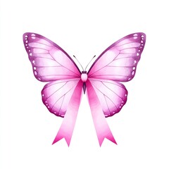 Pink butterfly wings with ribbon clipart, breast cancer awareness symbol, watercolor illustration, sharp details, isolated on white background