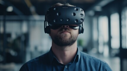 Portrait of a virtual reality architect engaged in immersive design in a modern workspace