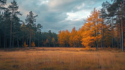 Fototapeta premium Golden autumn forest landscape with colorful yellow trees and cloudy sky