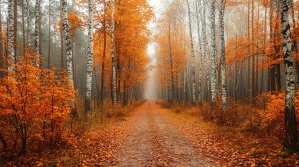 Obraz premium Beautiful autumn forest road covered with fallen leaves