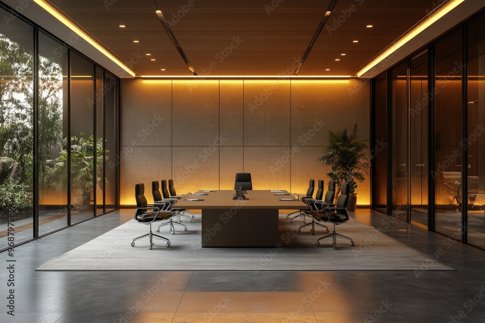 Aufkleber modern boardroom with a view featuring a large meeting table and comfortable chairs