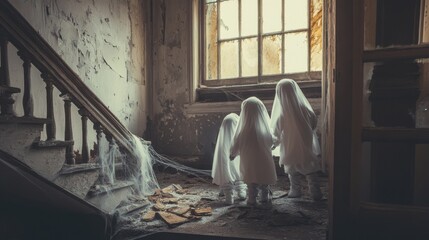 Three Figures in White Robes Standing in a Decaying Building