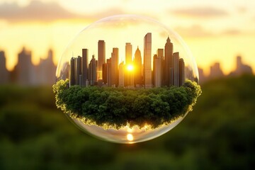 A surreal depiction of a city encapsulated in a bubble, blending nature and urban life under a sunset glow.